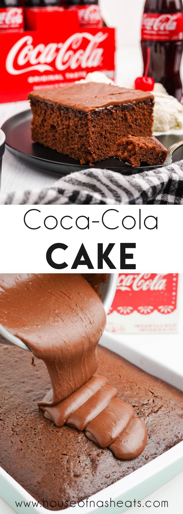 A collage of images of coca-cola cake with text overlay.