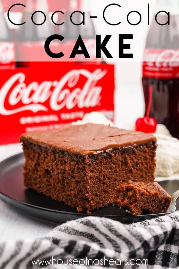 A piece of coca-cola cake on a plate with text overlay.