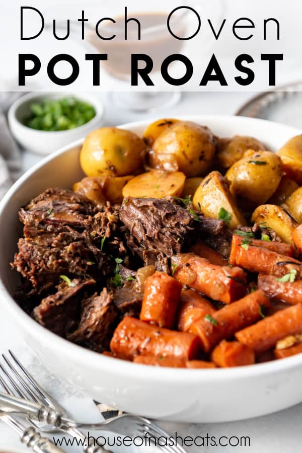 A large serving dish filled with Sunday pot roast, potatoes, and carrots with text overlay.