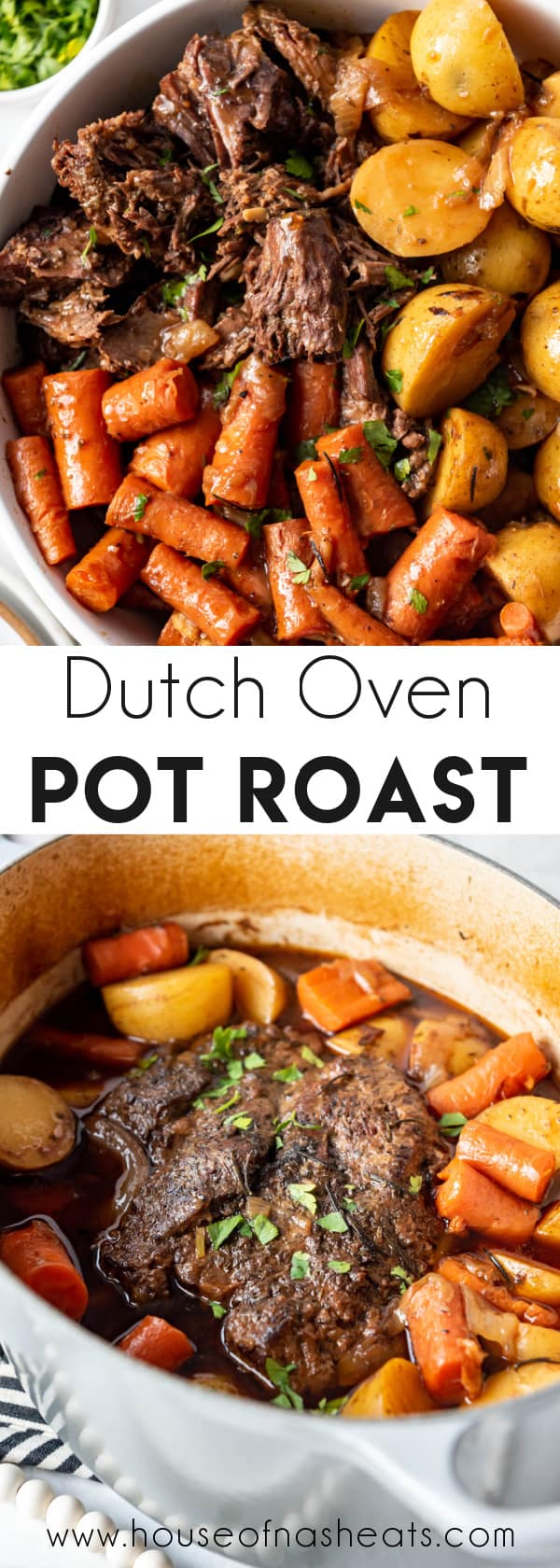 A collage of images of pot roast with text overlay.