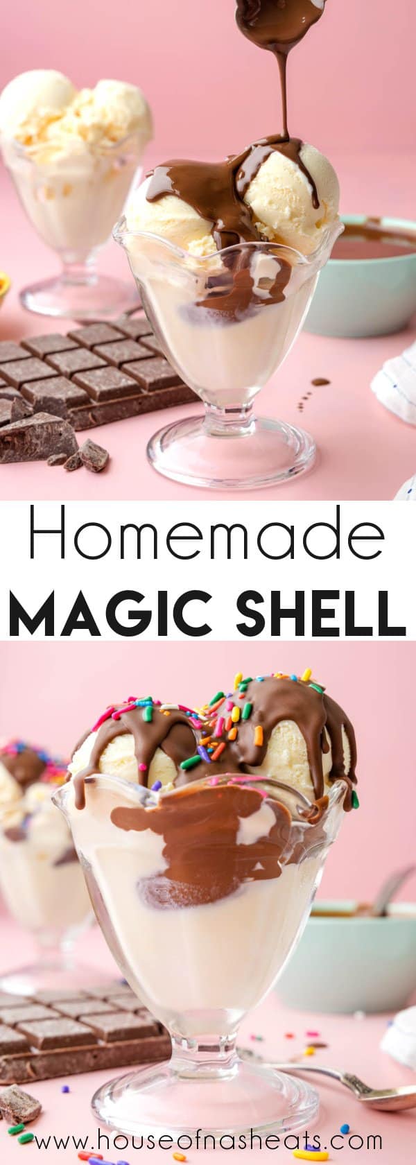 A collage of images of homemade chocolate magic shell with text overlay.