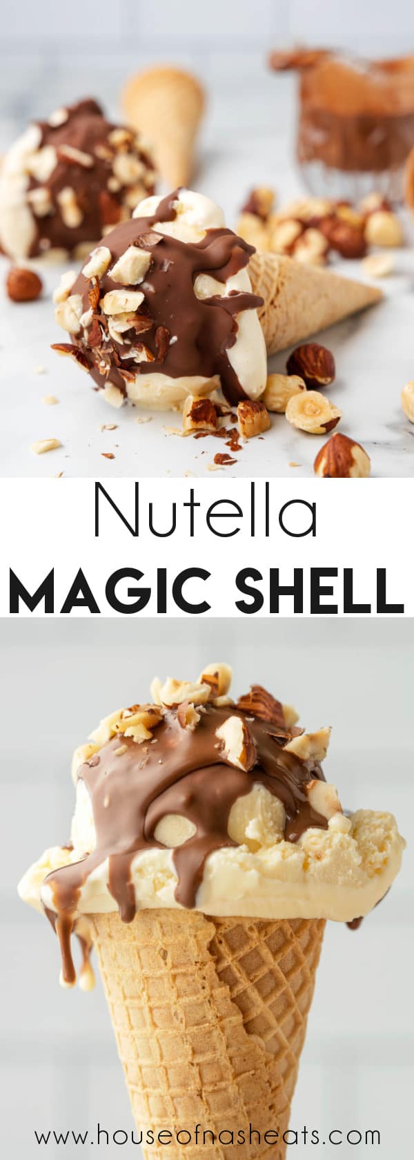 A collage of images of Nutella magic shell with text overlay.