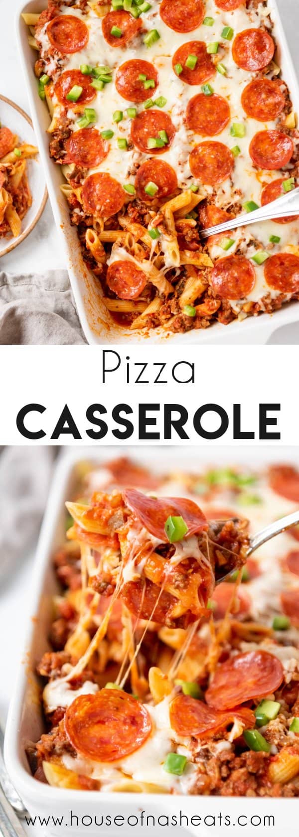 A collage of pizza casserole images with text overlay.