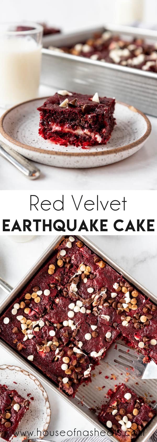 A collage of images of red velvet earthquake cake with text overlay.