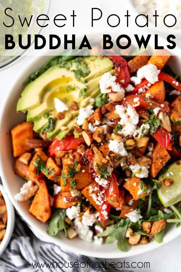 A healthy sweet potato buddha bowl with text overlay.