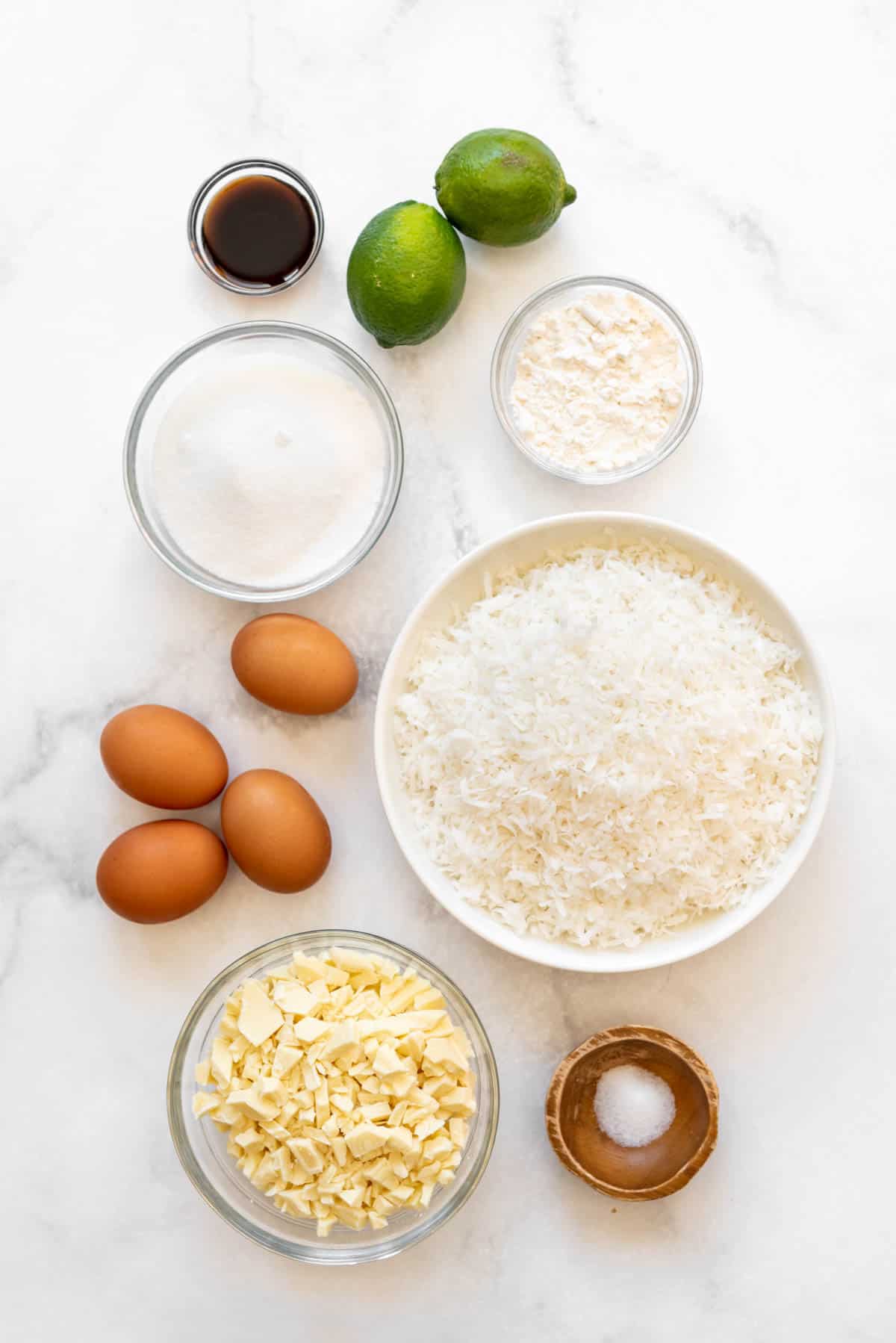 Ingredients for making coconut lime macaroons.