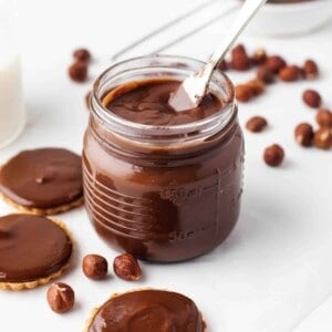 A jar of homemade nutella chocolate hazelnut spread.