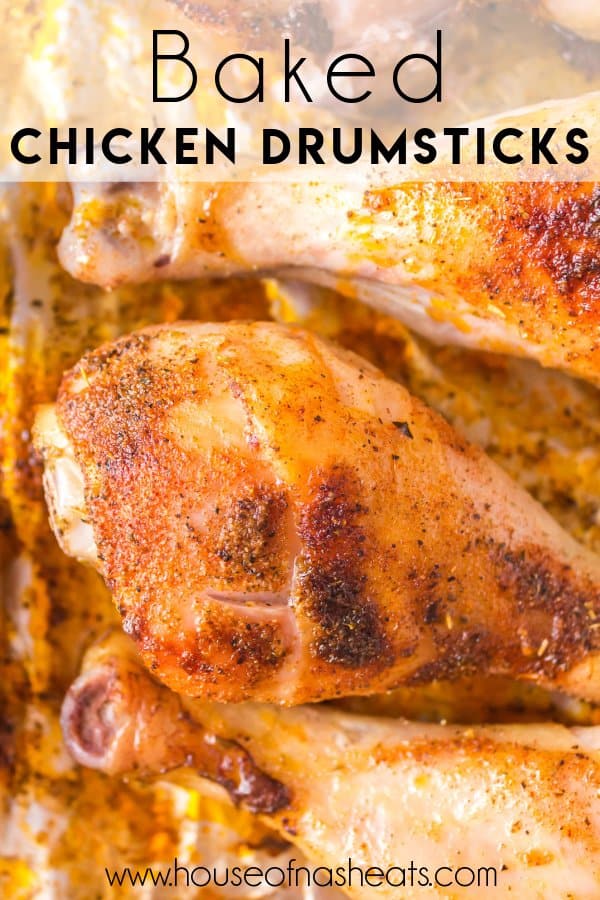 Baked chicken drumsticks on a baking sheet with text overlay.