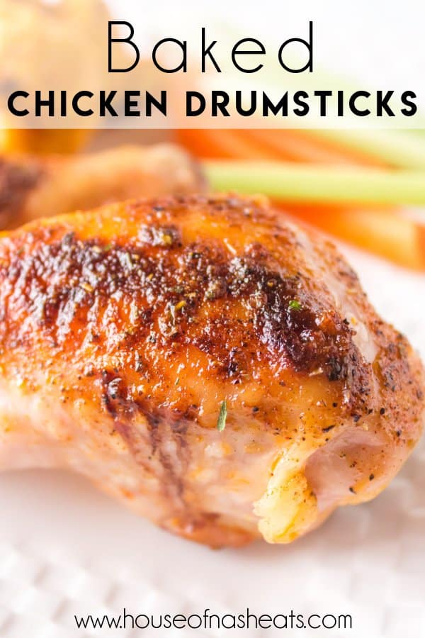 A baked chicken drumstick with crispy skin and text overlay.