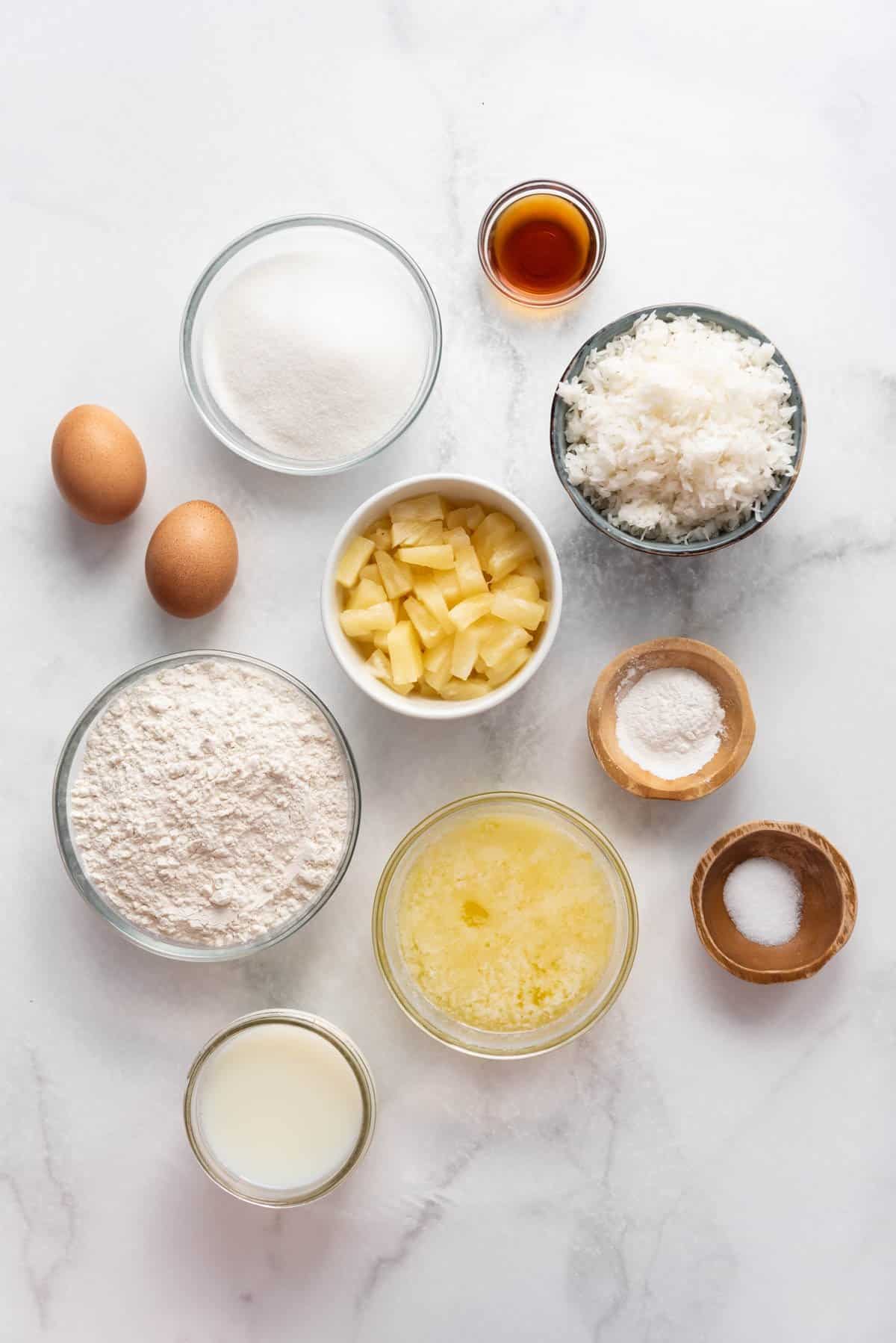 Ingredients for pineapple coconut muffins.