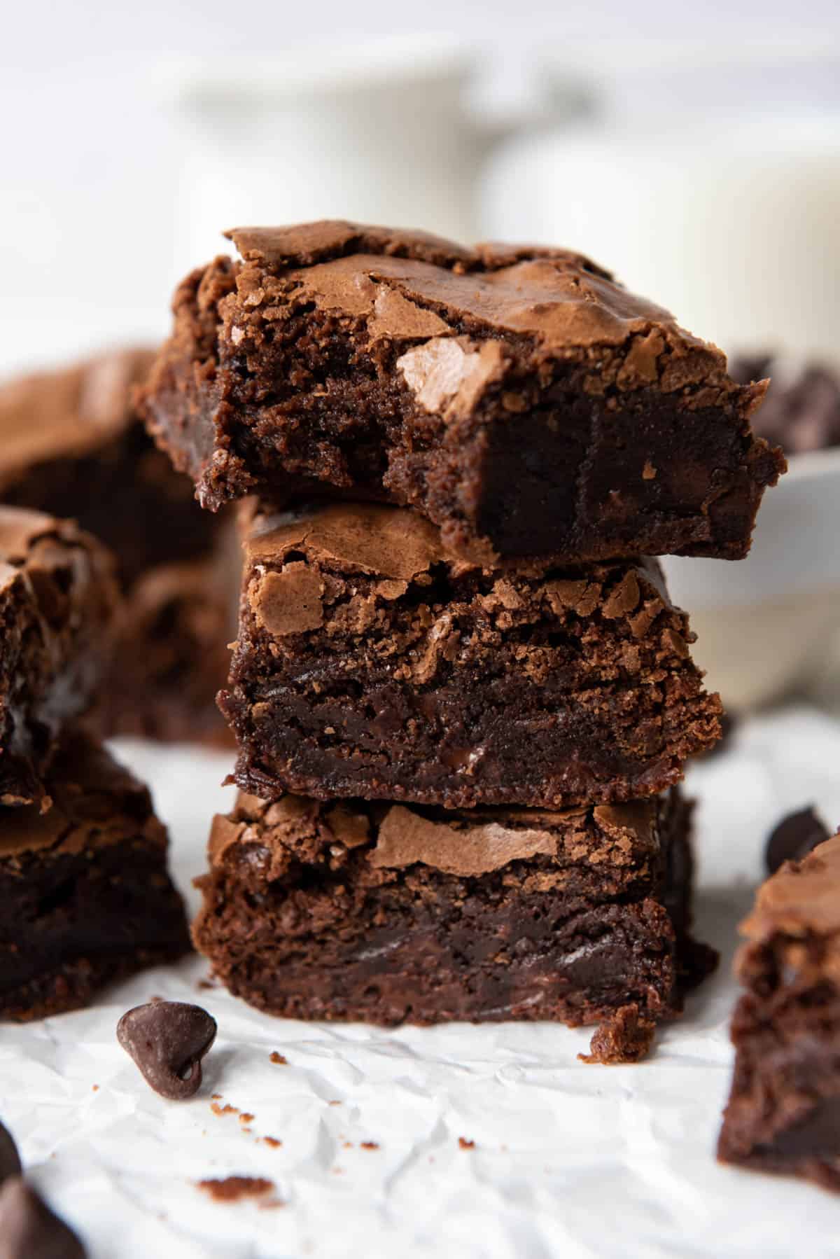 Three brownies stacked into a tower.