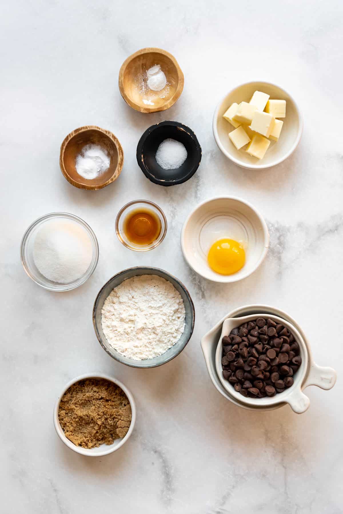 Ingredients for a small batch of chocolate chip cookies.