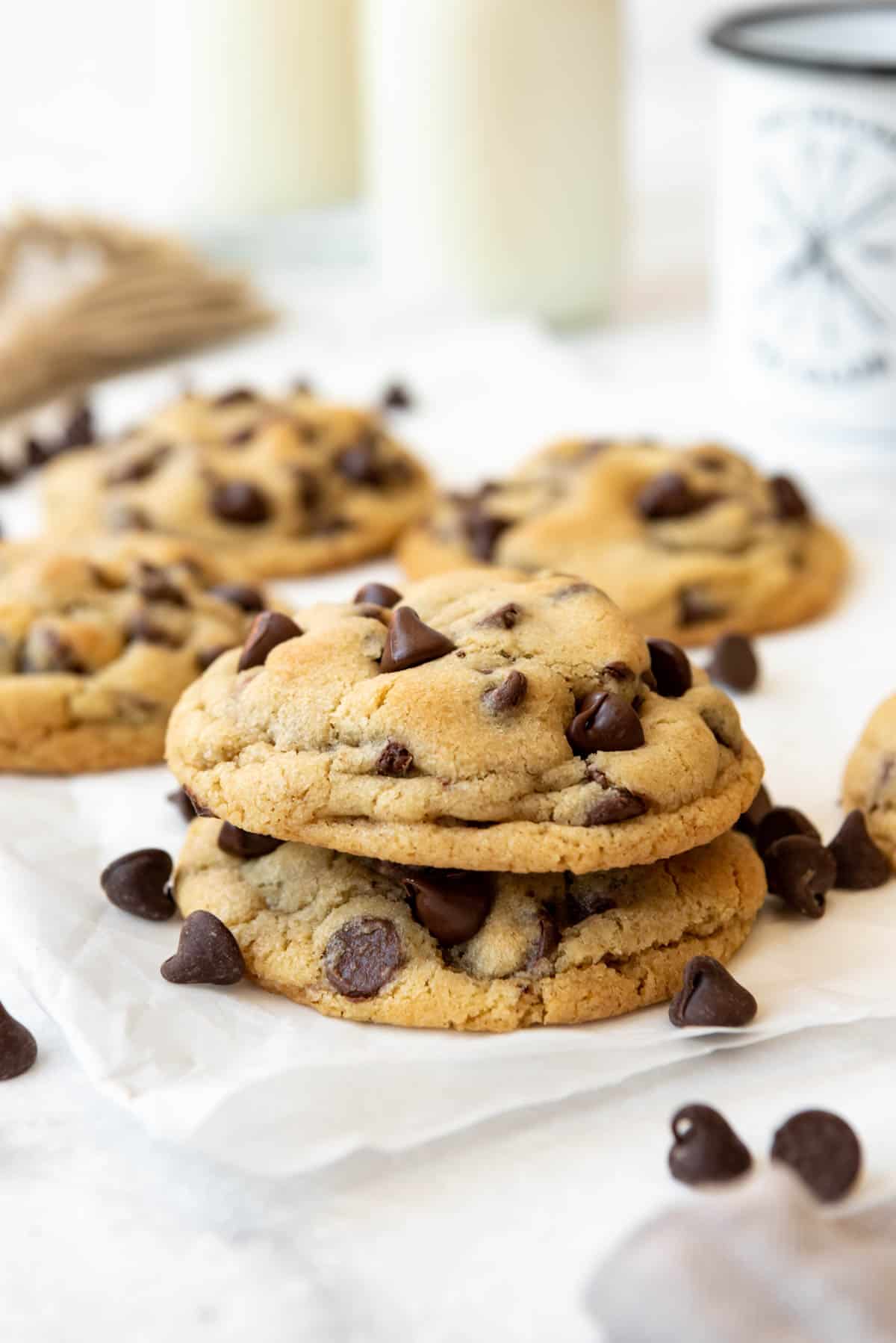 Small batch chocolate chip cookies in a stack.