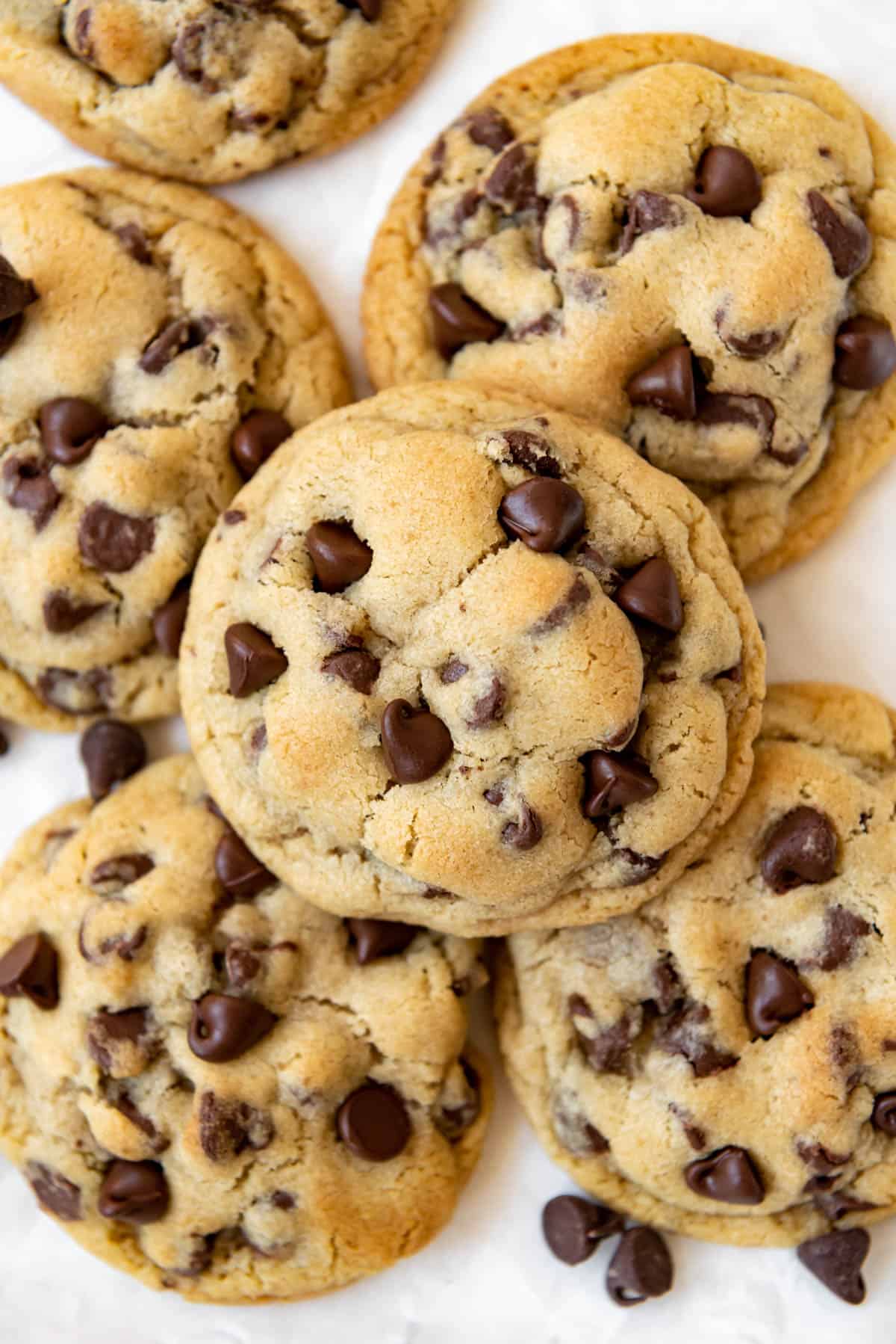 A close image of homemade chocolate chip cookies with semisweet chocolate chips.
