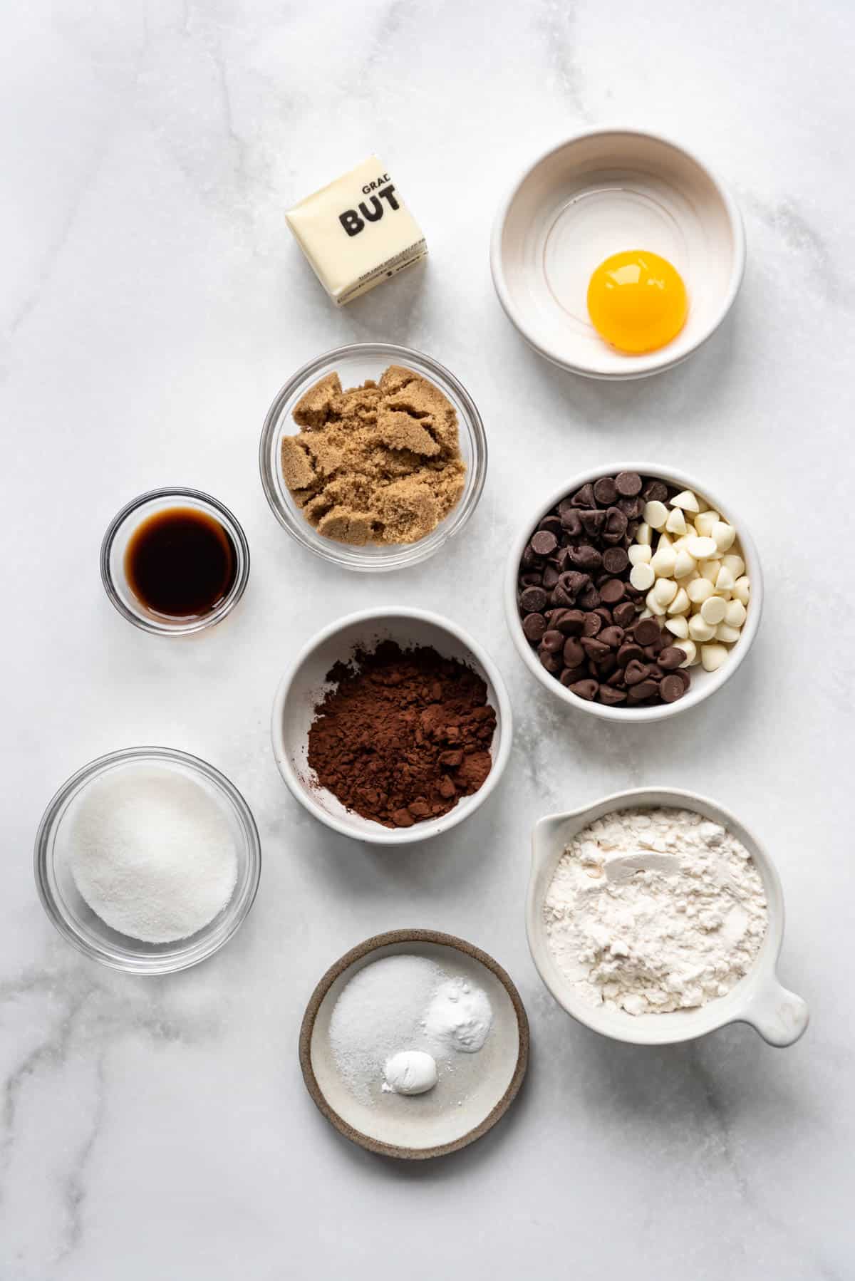 Ingredients for a small batch of triple chocolate cookies.