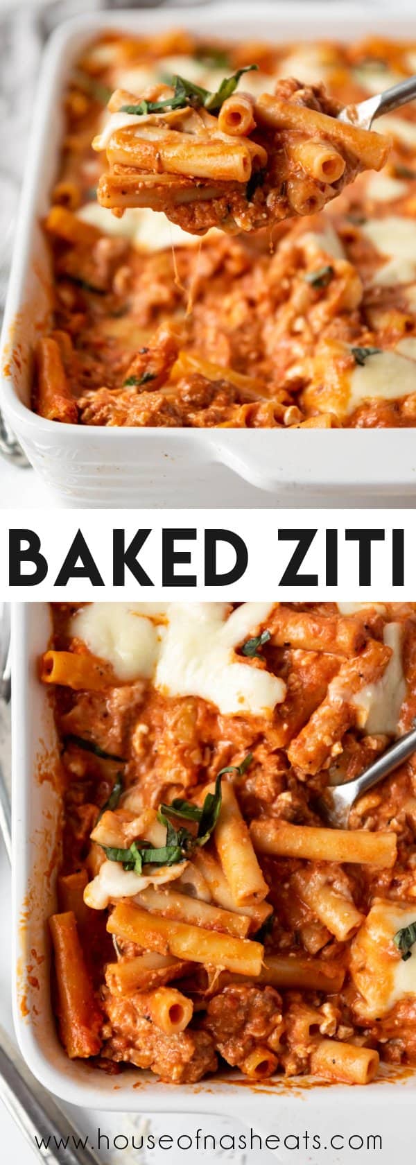 A collage of images of baked ziti with text overlay.