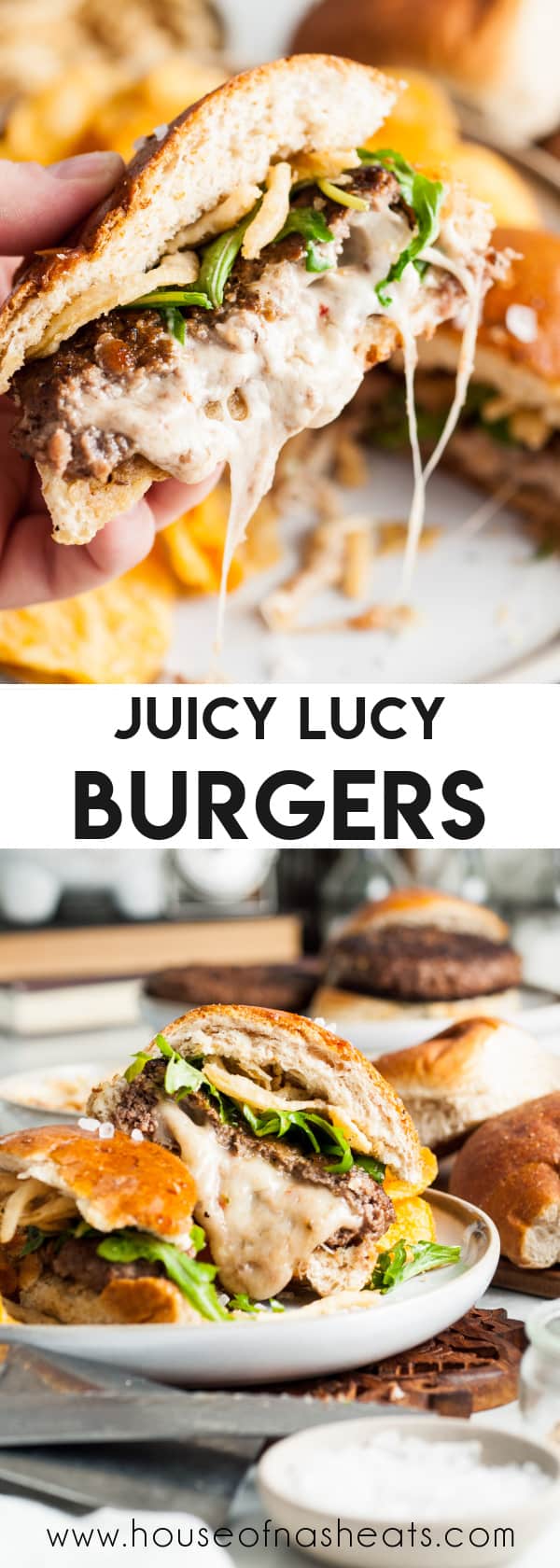 A collage of images of juicy Lucy burgers with text overlay.