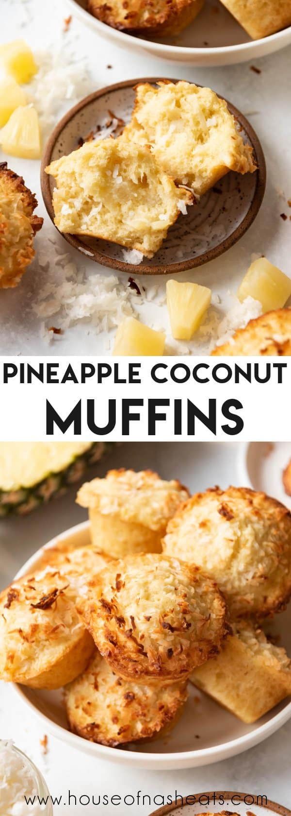 A collage of pineapple coconut muffins with text overlay.