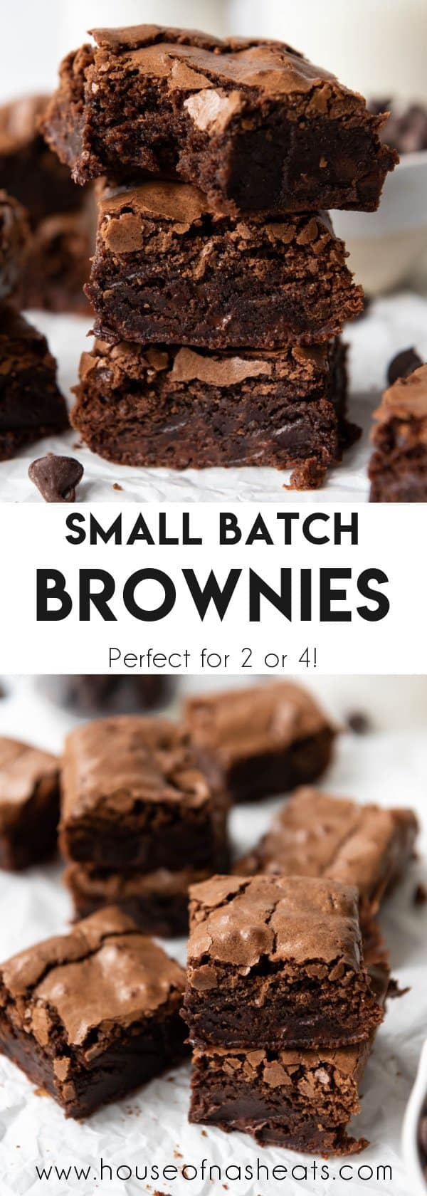 A collage of images of fudgy brownies with text overlay.