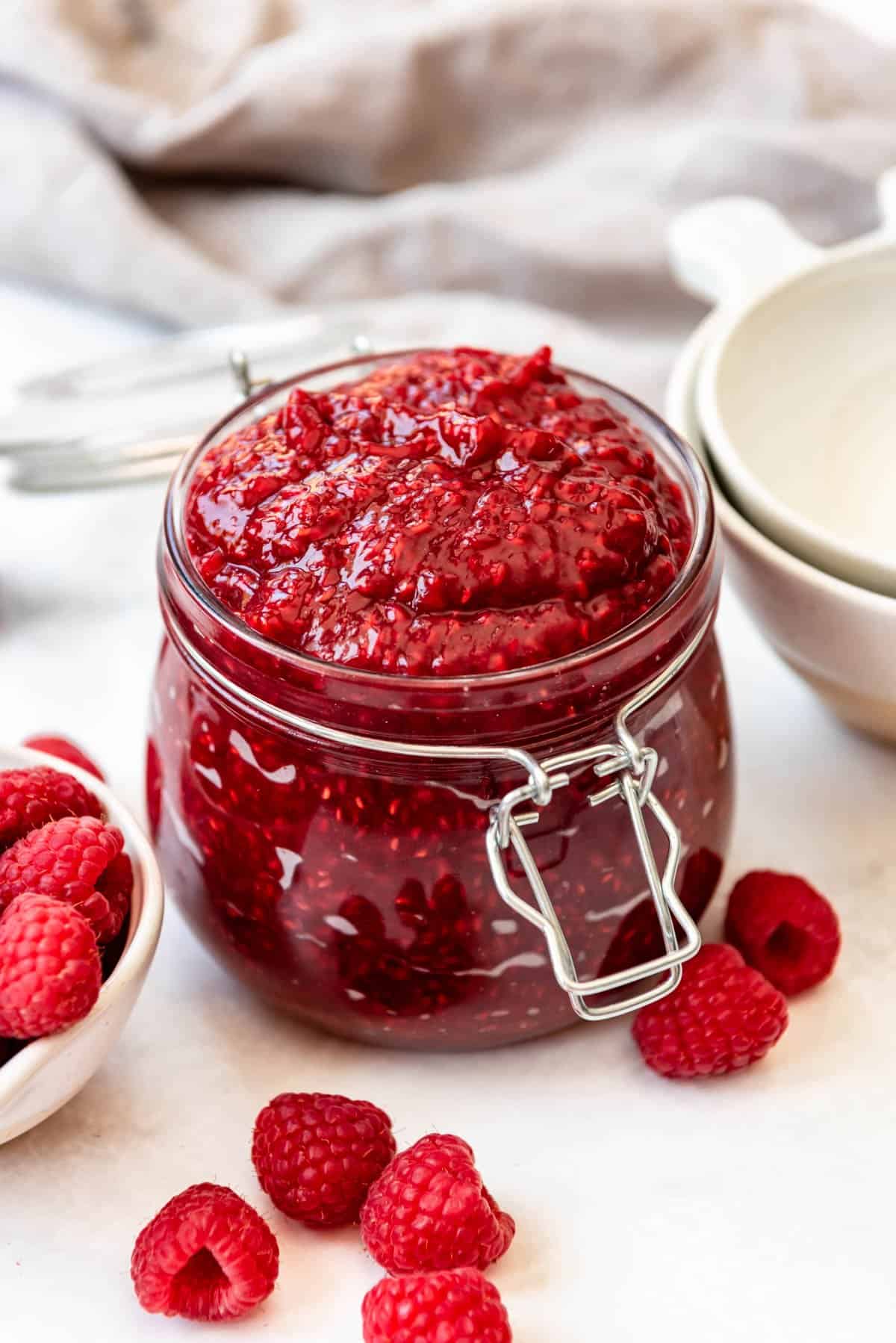 Raspberry cake filling made with frozen raspberries.