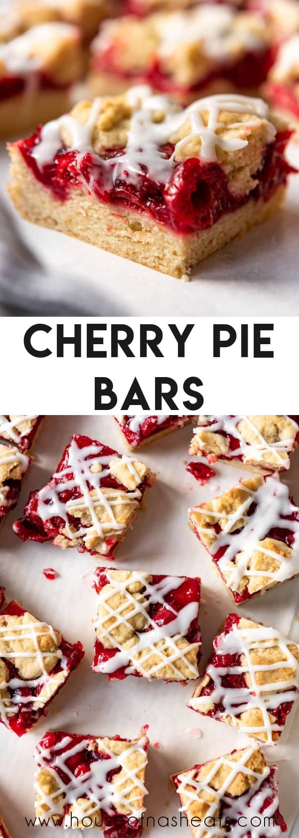 A collage of images of cherry pie bars with text overlay.