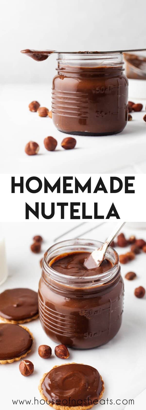 A collage of images of homemade nutella in a glass jar with text overlay.
