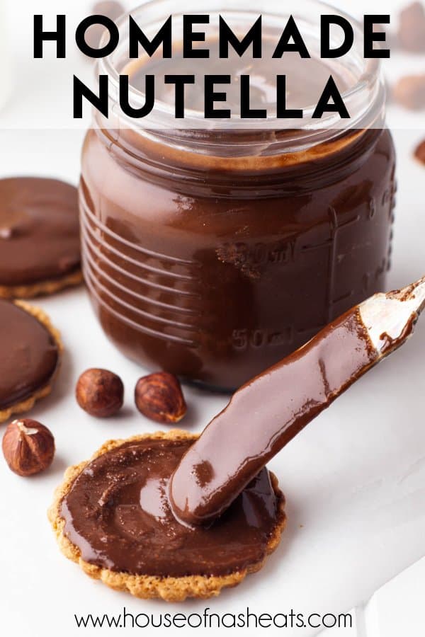 A knife spreading homemade Nutella on a cookie with text overlay.
