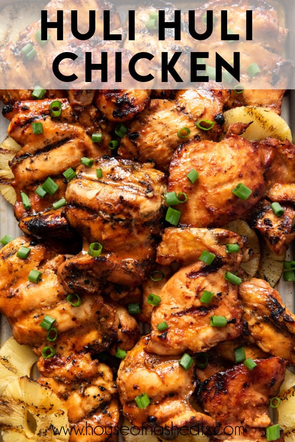 A close image of huli huli chicken with text overlay.