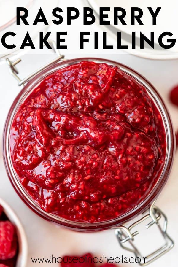 Homemade raspberry filling for cakes, cupcakes, and doughnuts with text overlay.