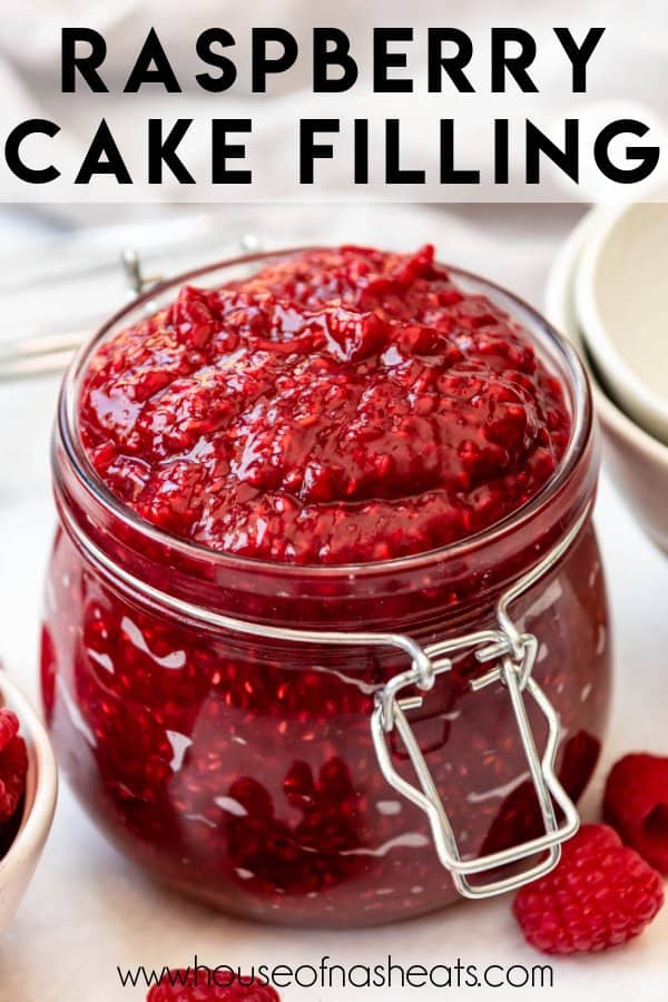 A jar of homemade raspberry cake filling with text overlay.