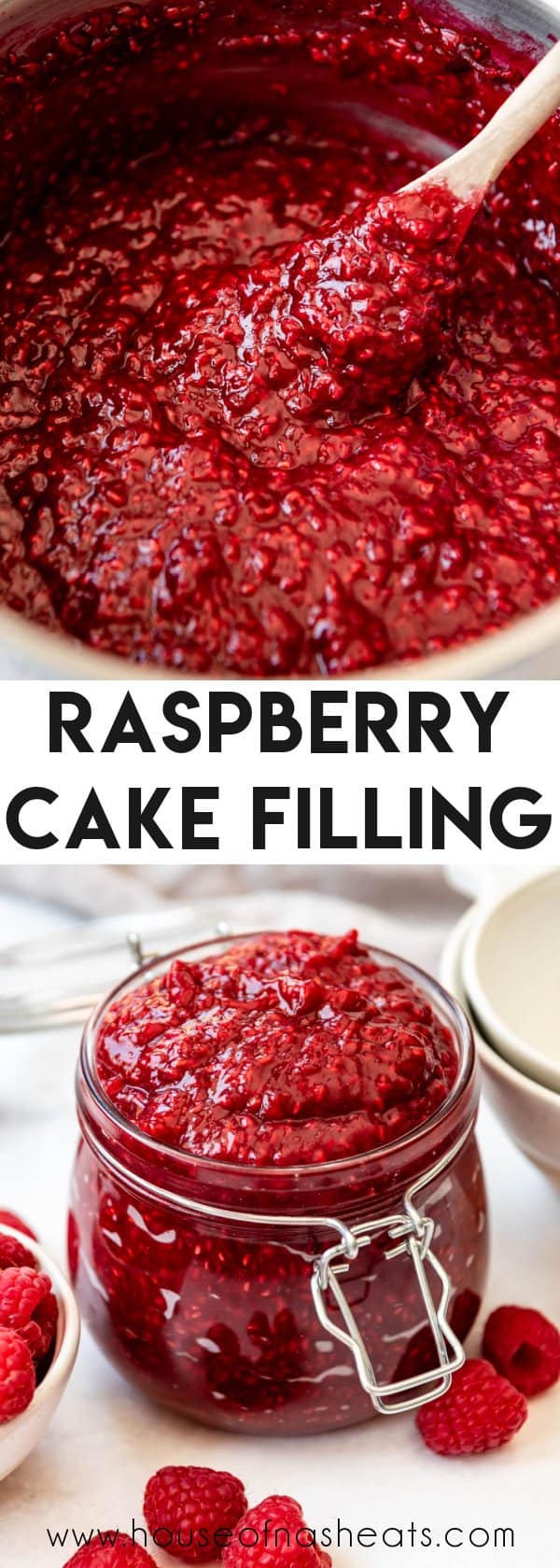 A collage of raspberry cake filling images with text overlay.