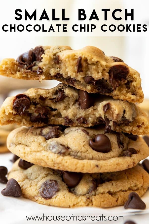 A stack of chocolate chip cookies with text overlay.