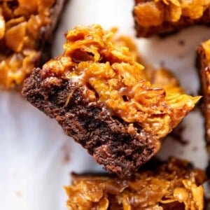 A brownie topped with crunchy chewy caramel cornflakes.