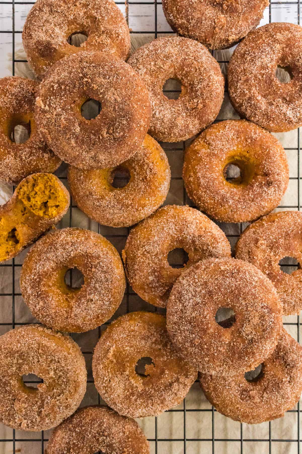 A close image of baked pumpkin donuts coated in cinnamon sugar.