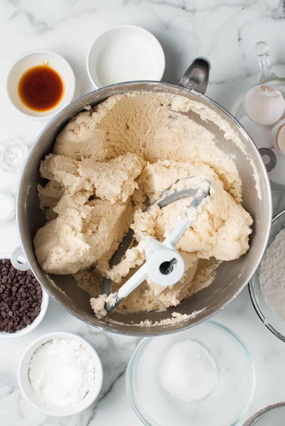 Finished cookie dough in a large mixing bowl.