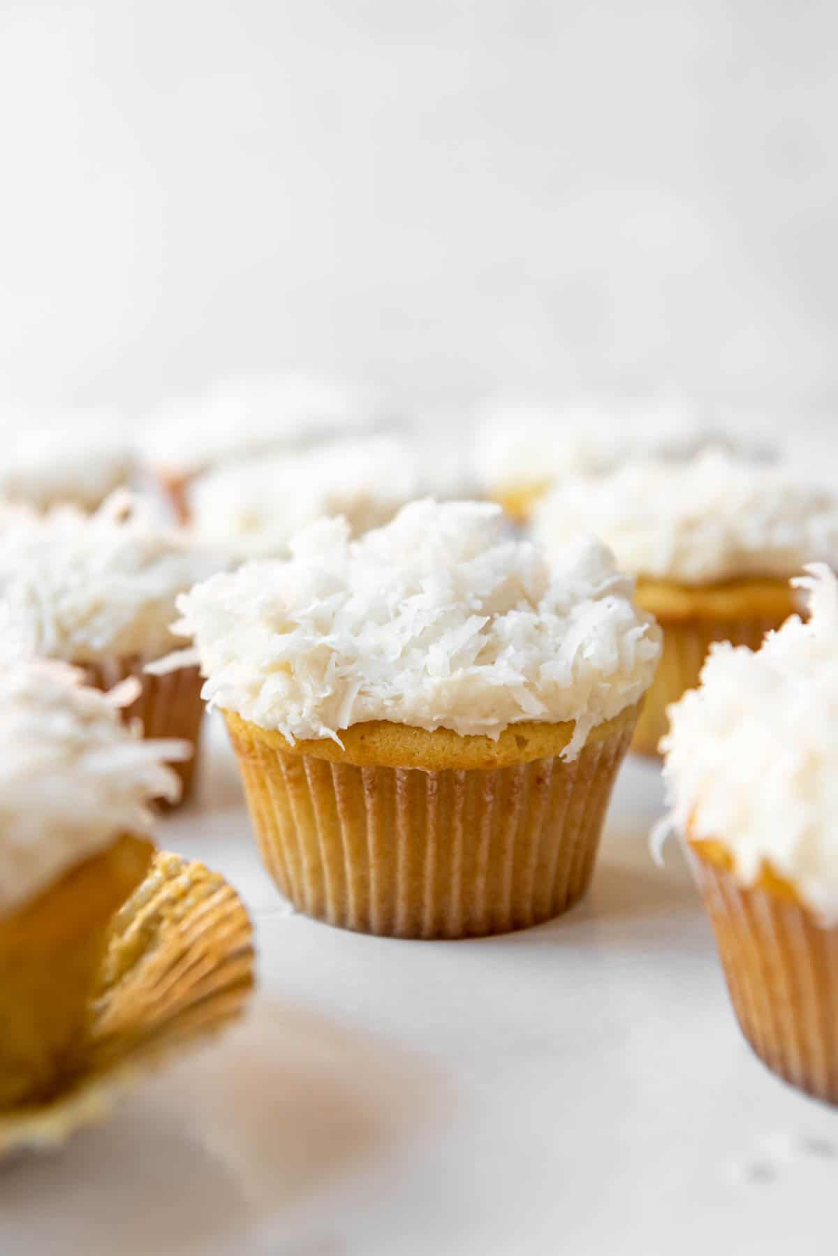 Homemade coconut cupcakes topped with sweetened shredded coconut.