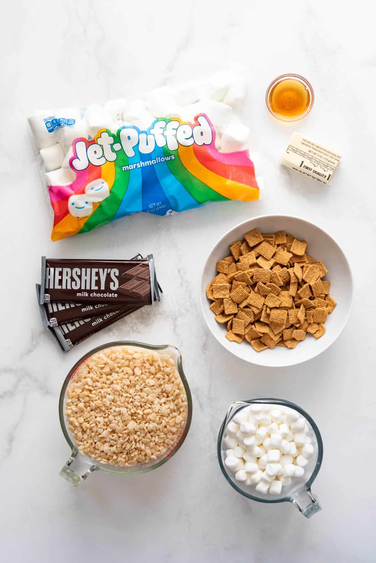 Ingredients for making s'mores rice krispies treats.