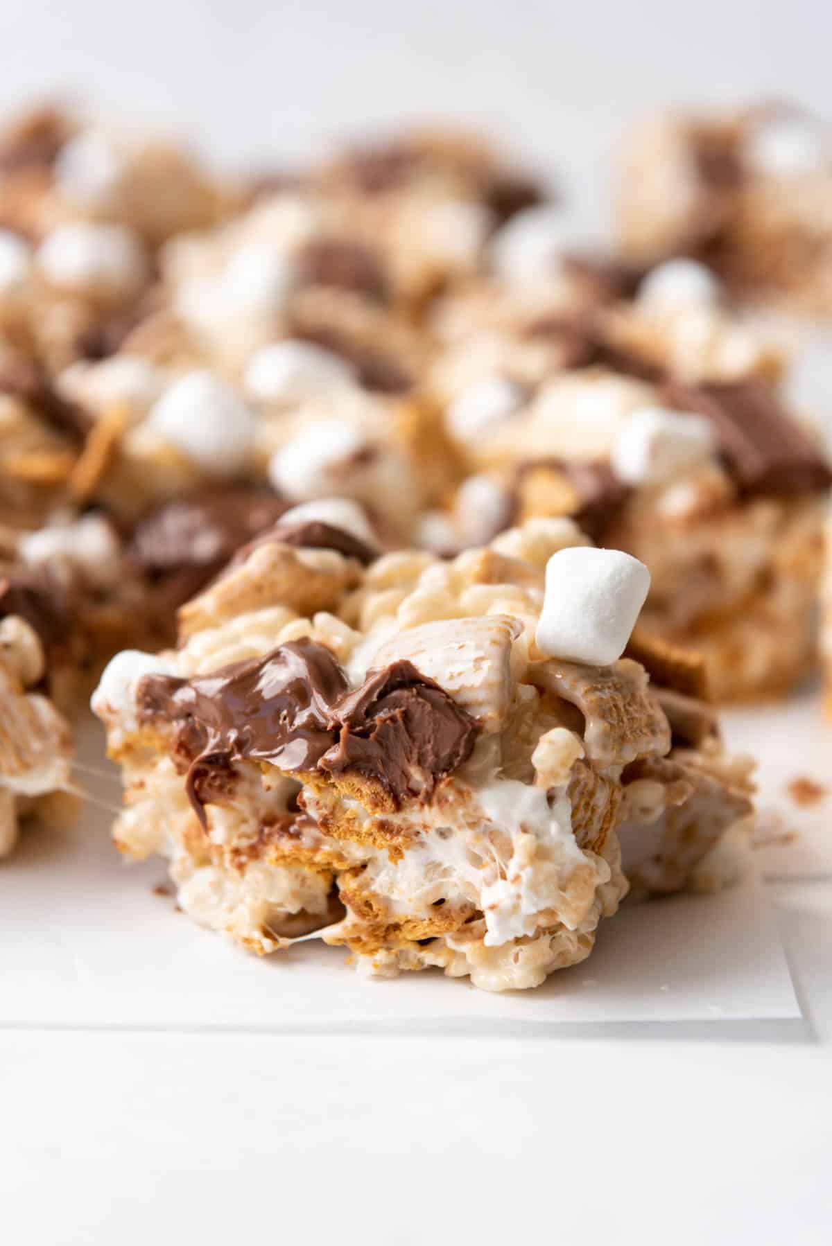 A s'mores rice krispy treat made with Golden Grahams cereal and Hershey's bars.