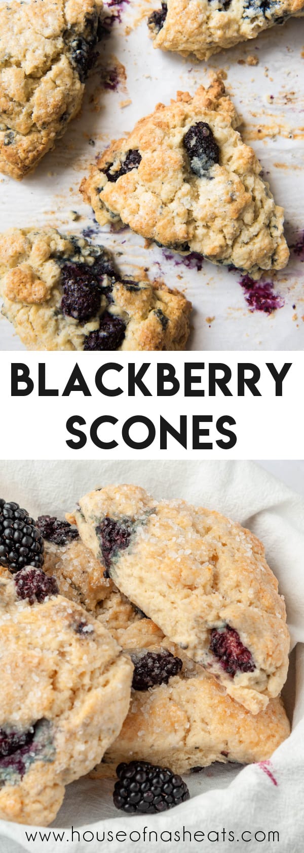 A collage of blackberry scones with text overlay.