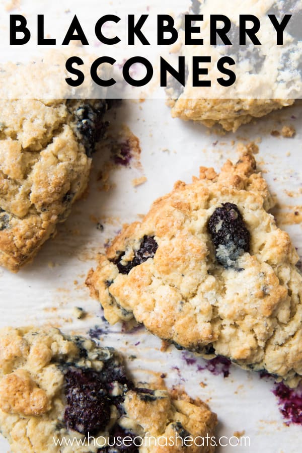 Blackberry scones with coarse sugar on top with text overlay.