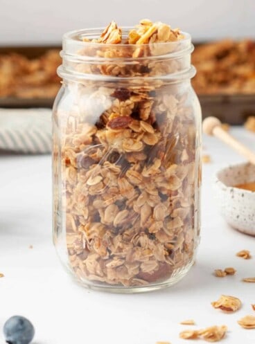 A jar filled with homemade granola.