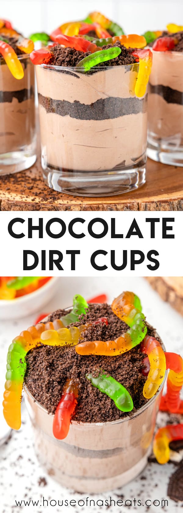 A collage of dirt cups dessert images with text overlay.