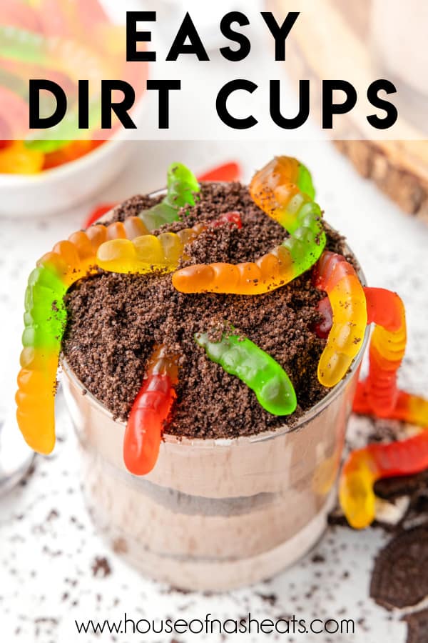 A chocolate dirt cup with gummy worms with text overlay.