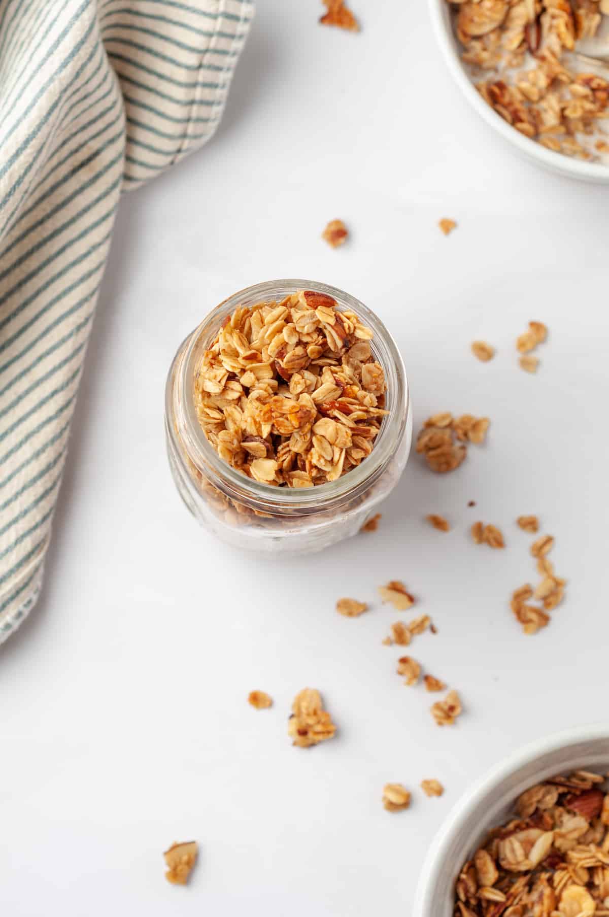 Overhead view of granola in mason jar