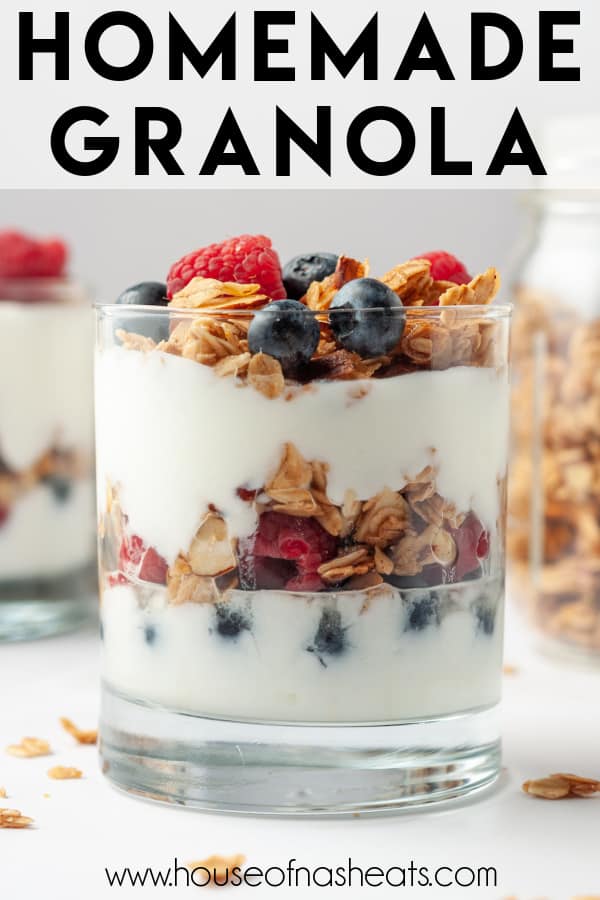 A fruit and yogurt parfait with granola and text overlay.