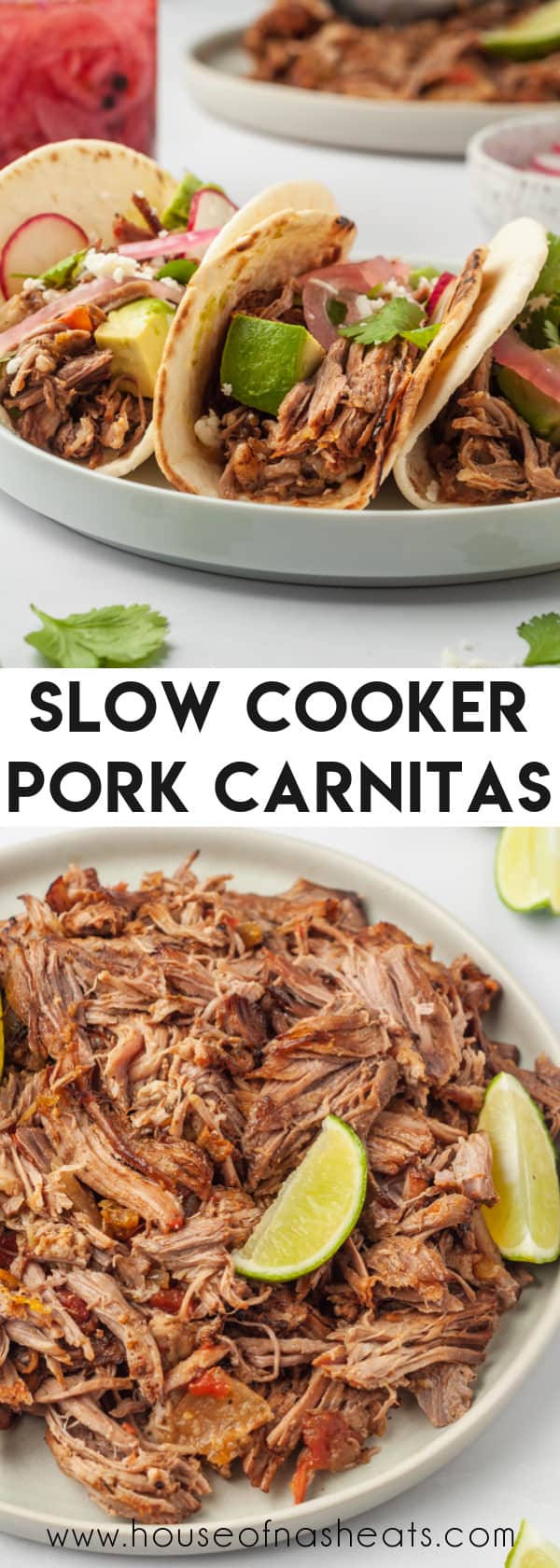 A collage of slow cooker carnitas with text overlay.
