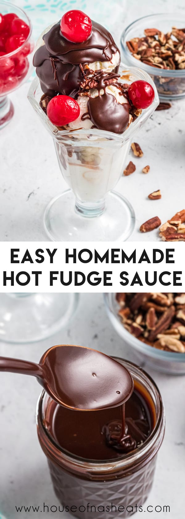 A collage of images of hot fudge sauce with text overlay.