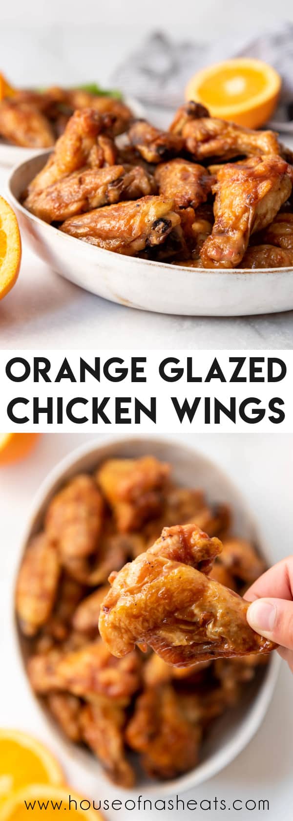 A collage of images of orange glazed chicken wings with text overlay.