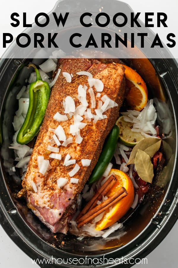 Carnitas ingredients in a slow cooker with text overlay.