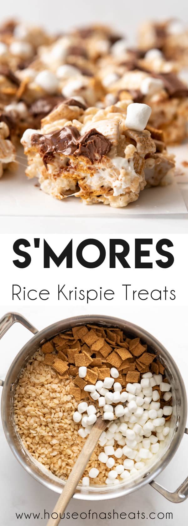 A collage of s'mores rice krispie treats images with text overlay.